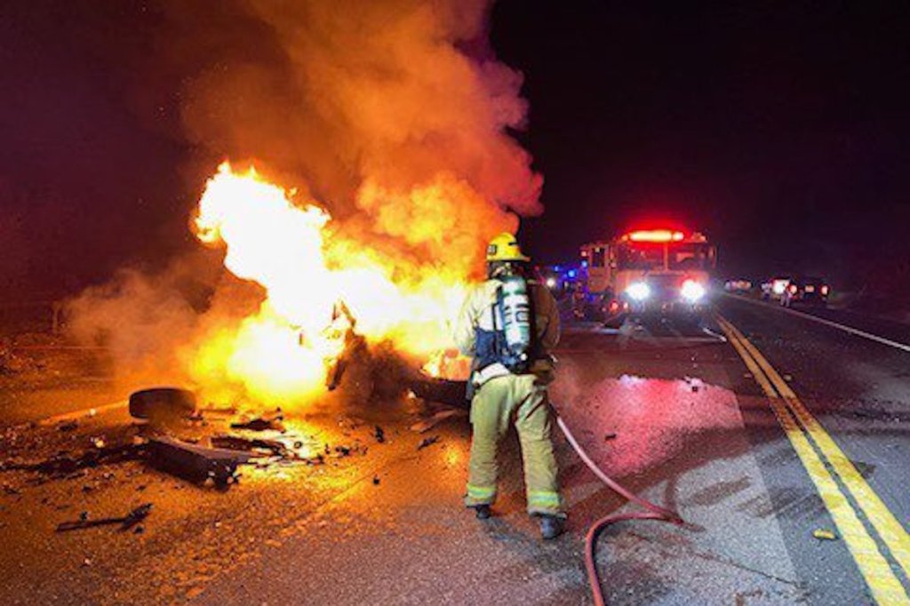 Single-car crash on Daniels Saturday sparks fire; two taken to hospital