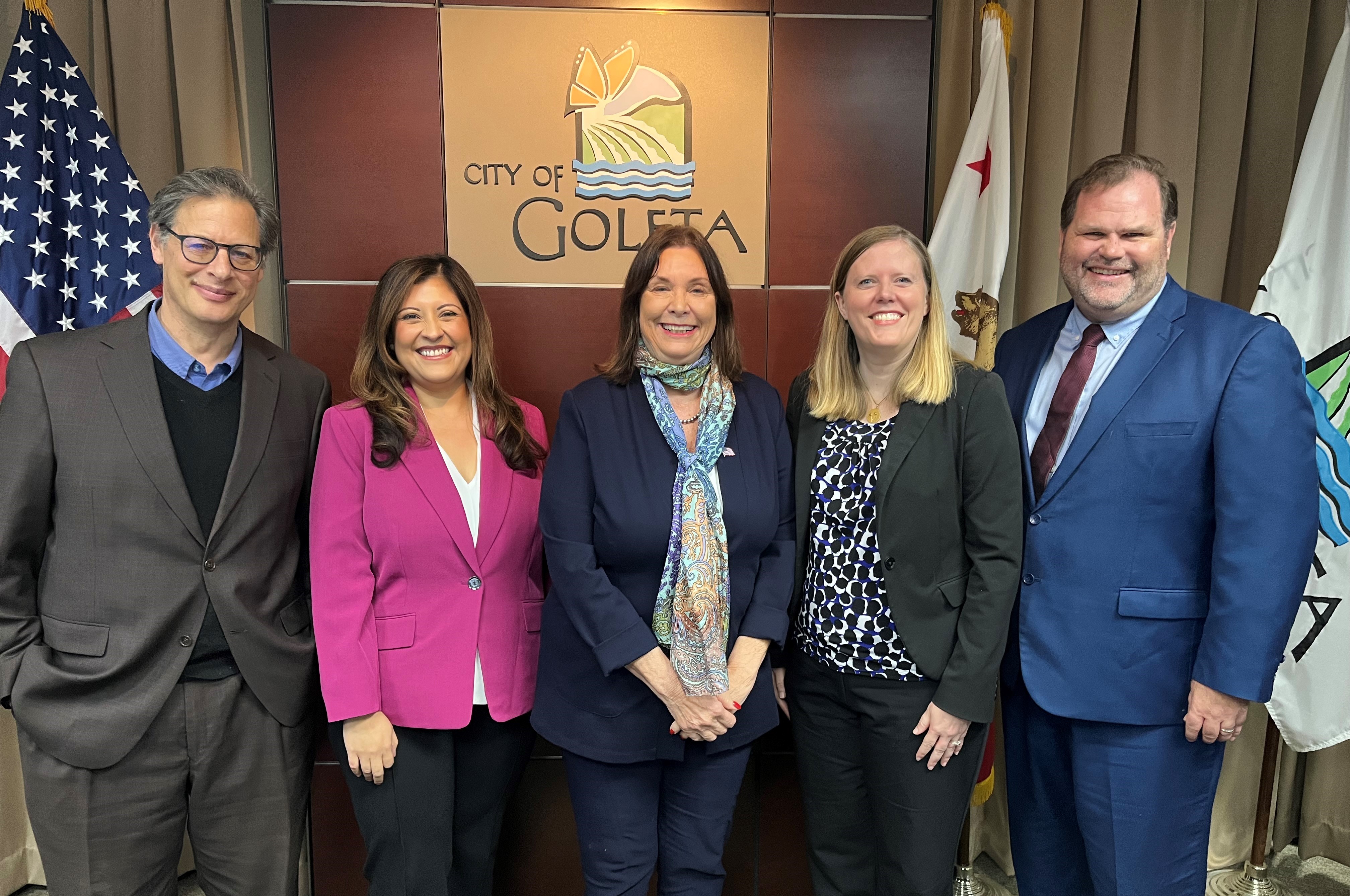 Goleta City Council (pictured left-to-right): Mayor Pro Tempore Stuart Kasdin (District 4), Councilmember Luz Reyes-Martín (District 1), Mayor Paula Perotte, Councilmember Jennifer Smith (District 3), and Councilmember James Kyriaco (District 2) | Credit: Courtesy City of Goleta